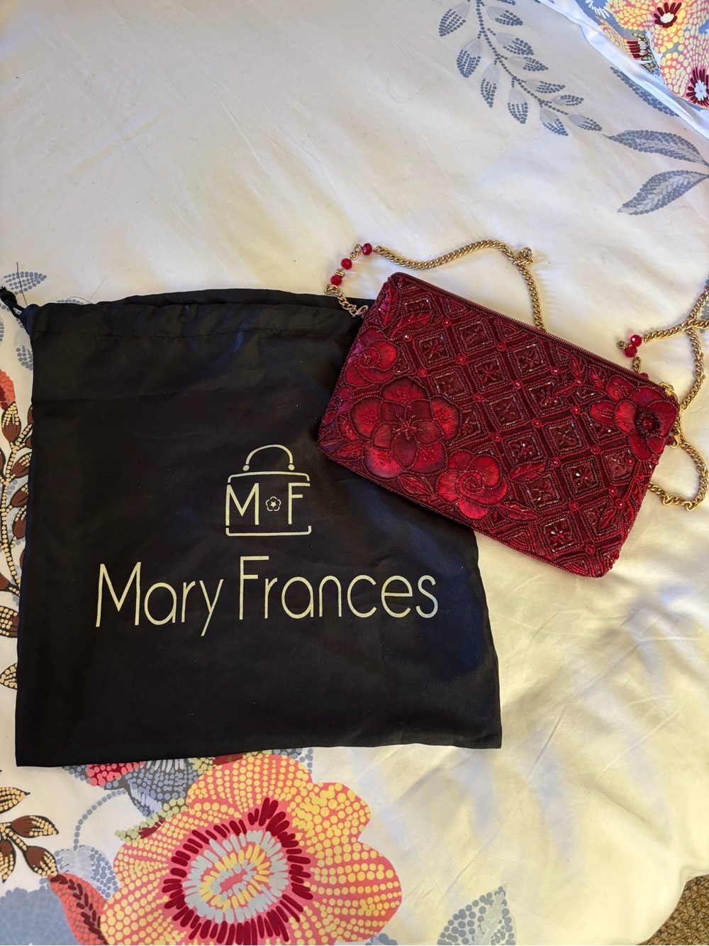 Gorgeous Mary Frances Red Beaded Floral Evening Clutch with Gold Chain